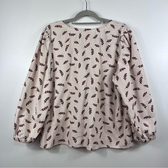 Loft Cream Red Leaf Print Corduroy Top Size XL Puff Sleeve Cottagecore Peasant - Picture 6 of 11